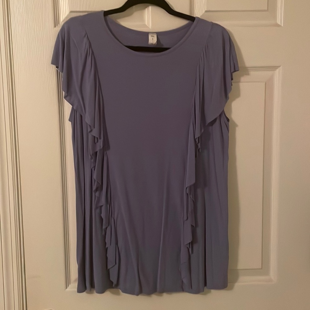 MTS slate blue top with ruffle detail. Tunic length, size large.